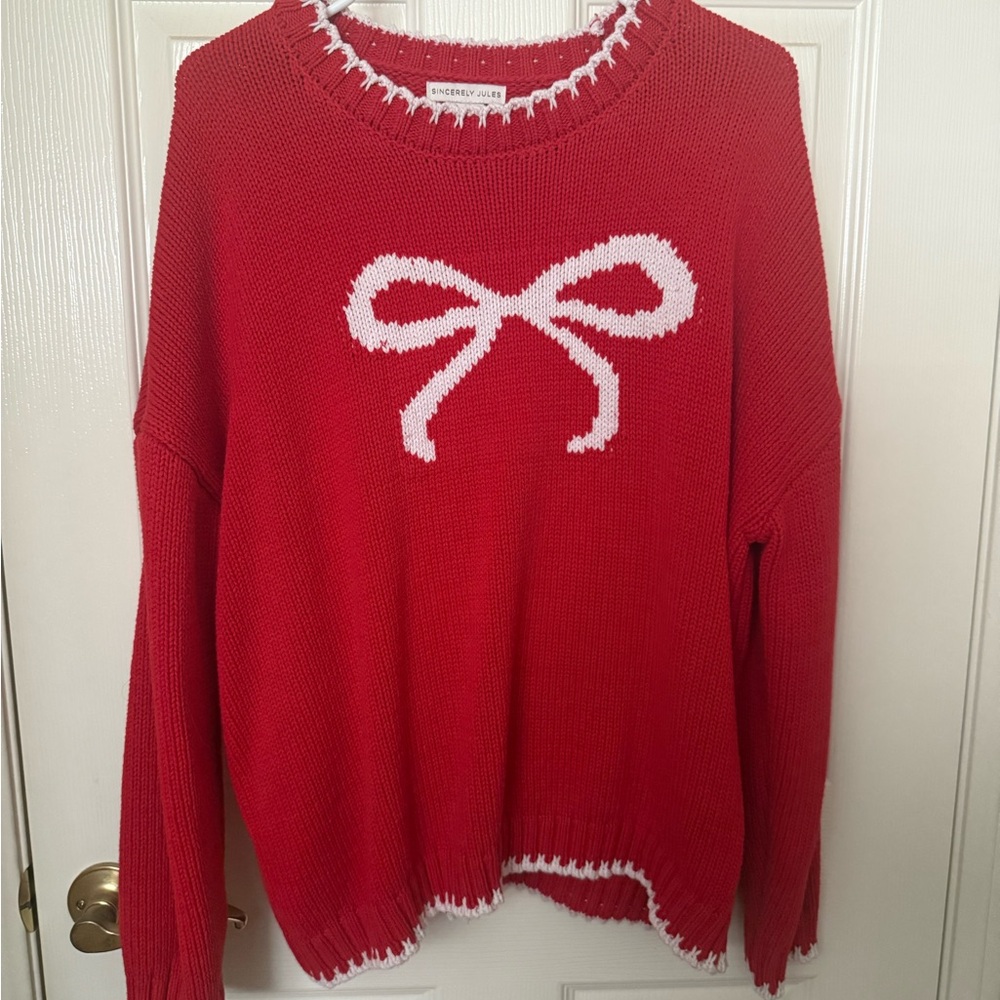 Sincerely Jules Red Sweater with White Bow Detail